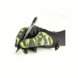 Seirus camouflage glove holding a black pen