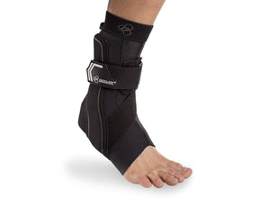 DonJoy black ankle brace with adjustable straps worn on a foot
