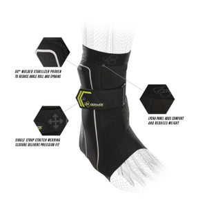DonJoy ankle brace with molded stabilizer lycra panel and single strap stretch webbing closure