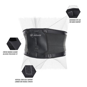DonJoy Bionic back brace with callouts for contoured top line, stretch webbing closure, and vertical support stays