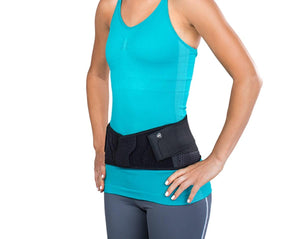 DonJoy black back support brace worn around the waist