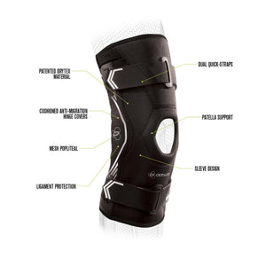 DonJoy knee brace features with labels for straps, material, hinge covers, mesh, patella support, and ligament protection