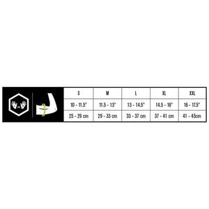 DonJoy sizing chart for arm circumference in inches and centimeters for sizes small through double extra large