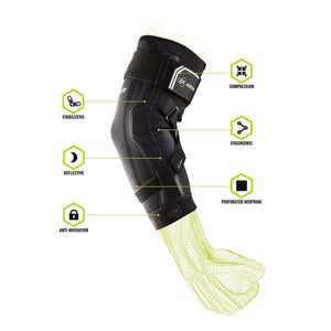DonJoy elbow brace with callouts for compression, stabilizers, ergonomic design, reflective details, and neoprene