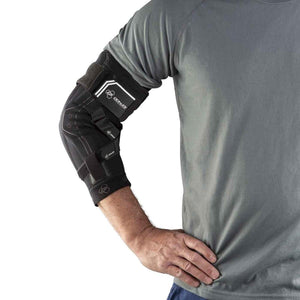 DonJoy black elbow brace worn on a person arm