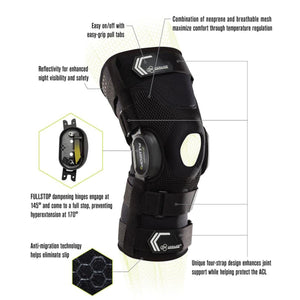 DonJoy knee brace with labels highlighting neoprene mesh, pull tabs, reflective material, hinges, and strap design