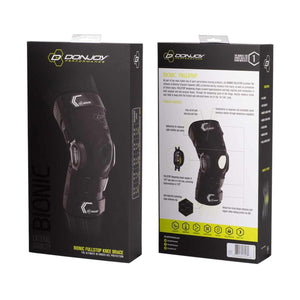 DonJoy Bionic Fullstop knee brace packaging showing product features and sizing chart