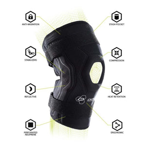 DonJoy knee brace with labels highlighting features including stabilizers, compression, and perforated neoprene