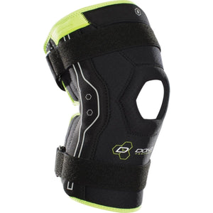 DonJoy black knee brace with neon yellow trim and adjustable velcro straps