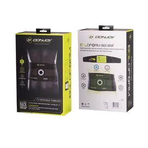 DonJoy Performance Coldform back wrap packaging showing product features and hot cold therapy application