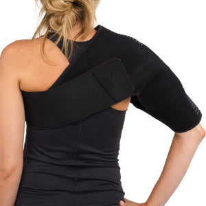DonJoy black shoulder support brace worn on the left shoulder