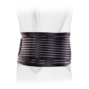 DonJoy black elastic back support brace with white horizontal stripes