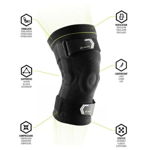 DonJoy black knee brace with labels highlighting stabilizer ventilation supportive lightweight compression and stretch