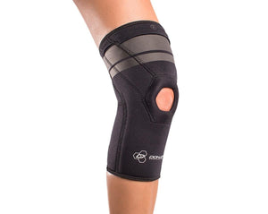 DonJoy black knee sleeve with open patella worn on a leg