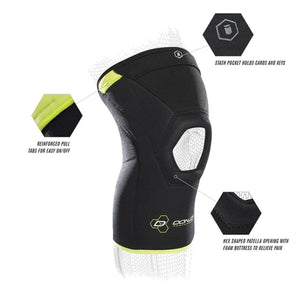 DonJoy knee brace with stash pocket, reinforced pull tabs, and hex shaped patella opening