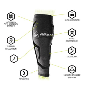 DonJoy calf compression sleeve with feature callouts for bamboo fabric thermal regulation and silicone support