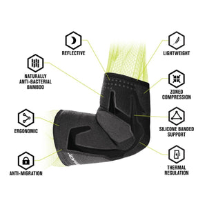 DonJoy elbow sleeve with callouts for reflective, bamboo, ergonomic, anti-migration, lightweight, and compression features