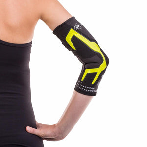 DonJoy black and neon yellow compression elbow sleeve on a person