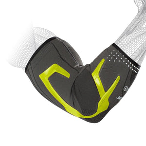 DonJoy grey and yellow compression elbow sleeve on a wireframe arm