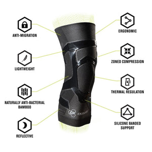 DonJoy knee brace showing features including anti-migration, ergonomic design, zoned compression, and thermal regulation
