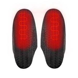 Bottom view of grey slippers showing red heating elements inside the soles