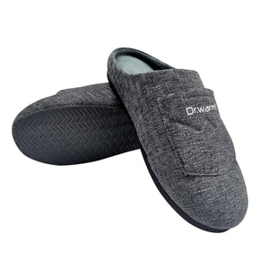 Pair of grey Dr Warm slip on slippers with black textured soles