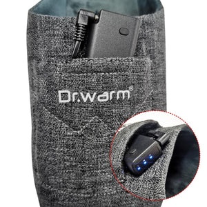 Dr Warm heated slipper with battery pack in pocket and close up of LED heat settings