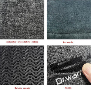 Dr Warm material samples including polyester tricot fabric, fox suede, rubber sponge, and velcro
