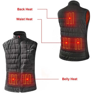 Black heated vest showing back waist and belly heating zones with diagrams