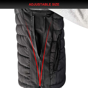 Black puffer vest with an adjustable side zipper panel
