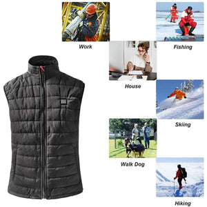 Black heated vest shown with examples of use for work fishing house skiing walking dog and hiking
