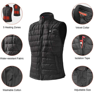 Black heated vest with features including five heating zones, velvet collar, water resistant fabric, and adjustable size