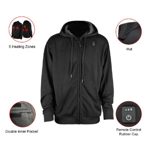 Black heated zip up hoodie with five heating zones, hood, inner pockets, and remote control power button