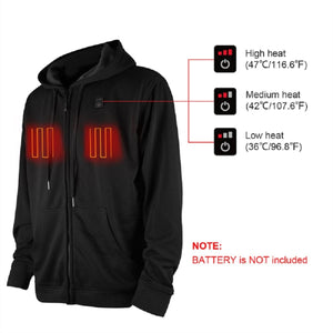 Dr Warm black heated hoodie showing three temperature settings and battery exclusion note