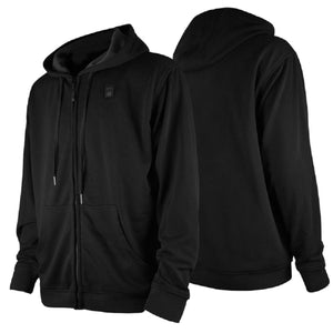 Dr Warm black zip up heated hoodie showing front and back views