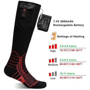 Dr Warm black heated sock with battery pack and heating level chart showing temperature and duration settings