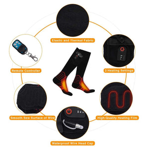 Dr Warm heated socks showing fabric remote heating settings wire heating film and waterproof wire cap features