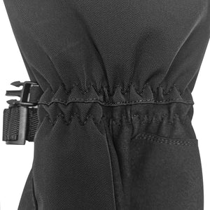 Black winter glove wrist with elasticated cuff and adjustable buckle strap