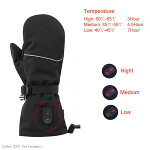 Black heated mitten showing temperature settings and battery life indicators for high medium and low modes