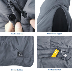 Dr Warm heated vest features plastic buttons sleeveless zipper power button and battery pocket