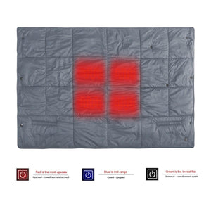 Dr Warm heated blanket showing four red heating zones and temperature setting icons for red blue and green levels