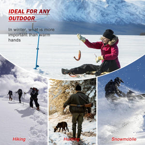 Collage of people ice fishing, hiking, hunting, and snowmobiling in winter