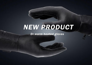 Black Dr warm heated gloves displayed against a dark background