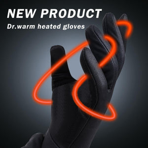 Black Dr warm heated gloves with glowing red heating elements visible around the fingers