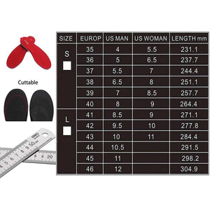 Dr Warm insole size chart comparing European and US shoe sizes with corresponding length in millimeters