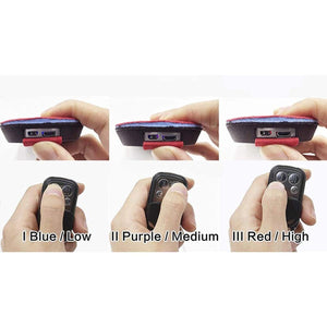 Dr Warm heating device showing blue low purple medium and red high temperature settings with remote control