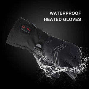 Black waterproof heated glove with power button and water splash effect