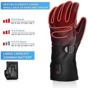 Heated glove showing heating elements and battery life settings with 2600mAh battery