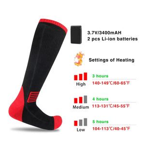 Black and red heated socks with battery specifications and three heat settings displayed