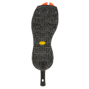 Korkers Vibram rubber wading boot sole with integrated traction studs and orange heel detail